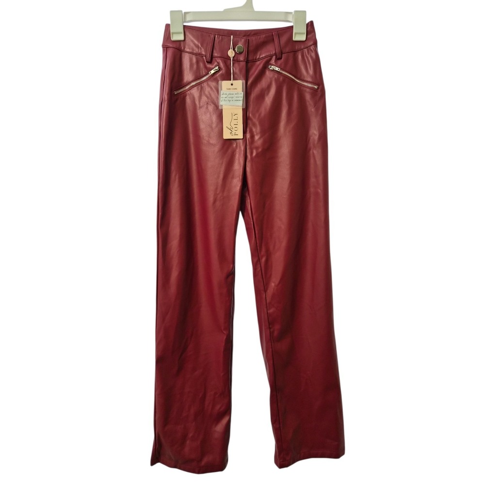 Oh Polly Faux Leather Pants Red UK 10 US 6 EU 38 Wide Leg High Rise NWT